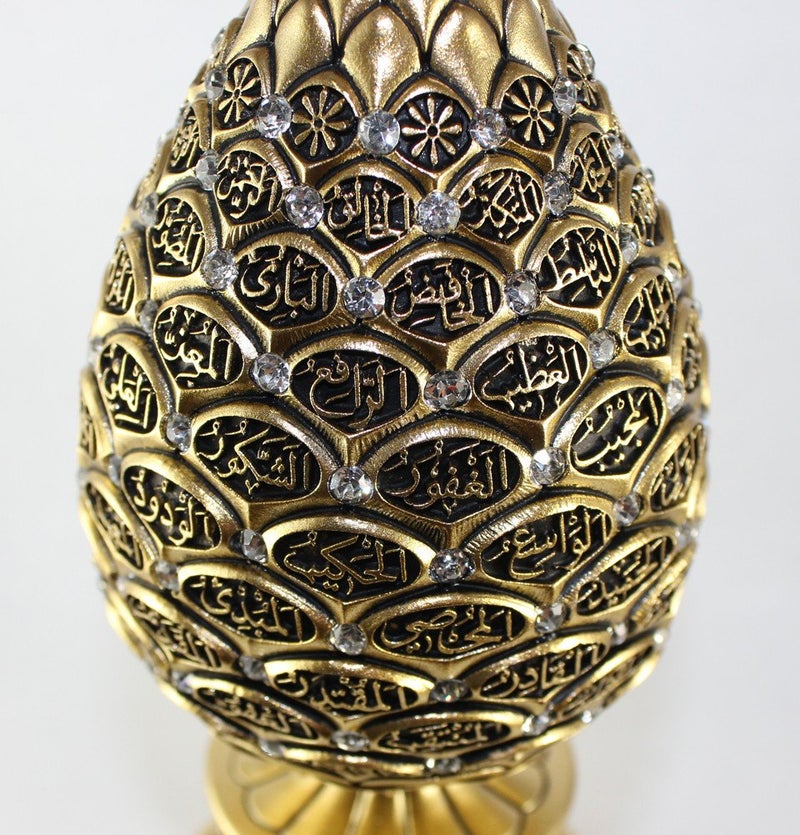 Gunes Table Decor Gold Egg Sculpture Figure Arabic 99 Names of Allah ESMA Asma al Husna (Gold, 7.5in) - Image 3